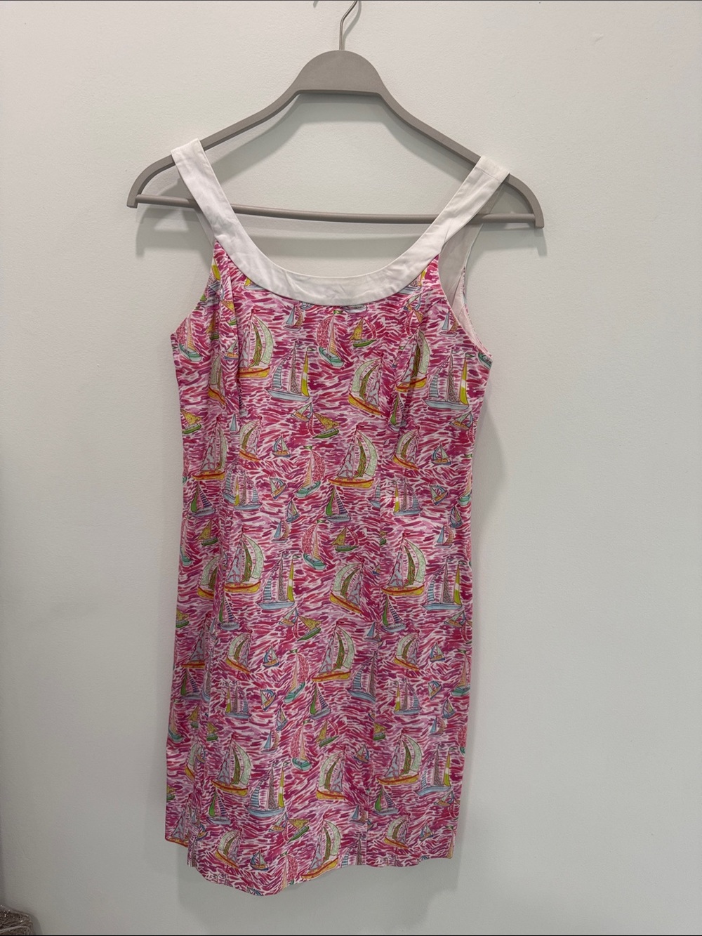 Pink Sailboat Print Mini Dress with White Trim sz 4 Kali Smith (Lilly inspired)